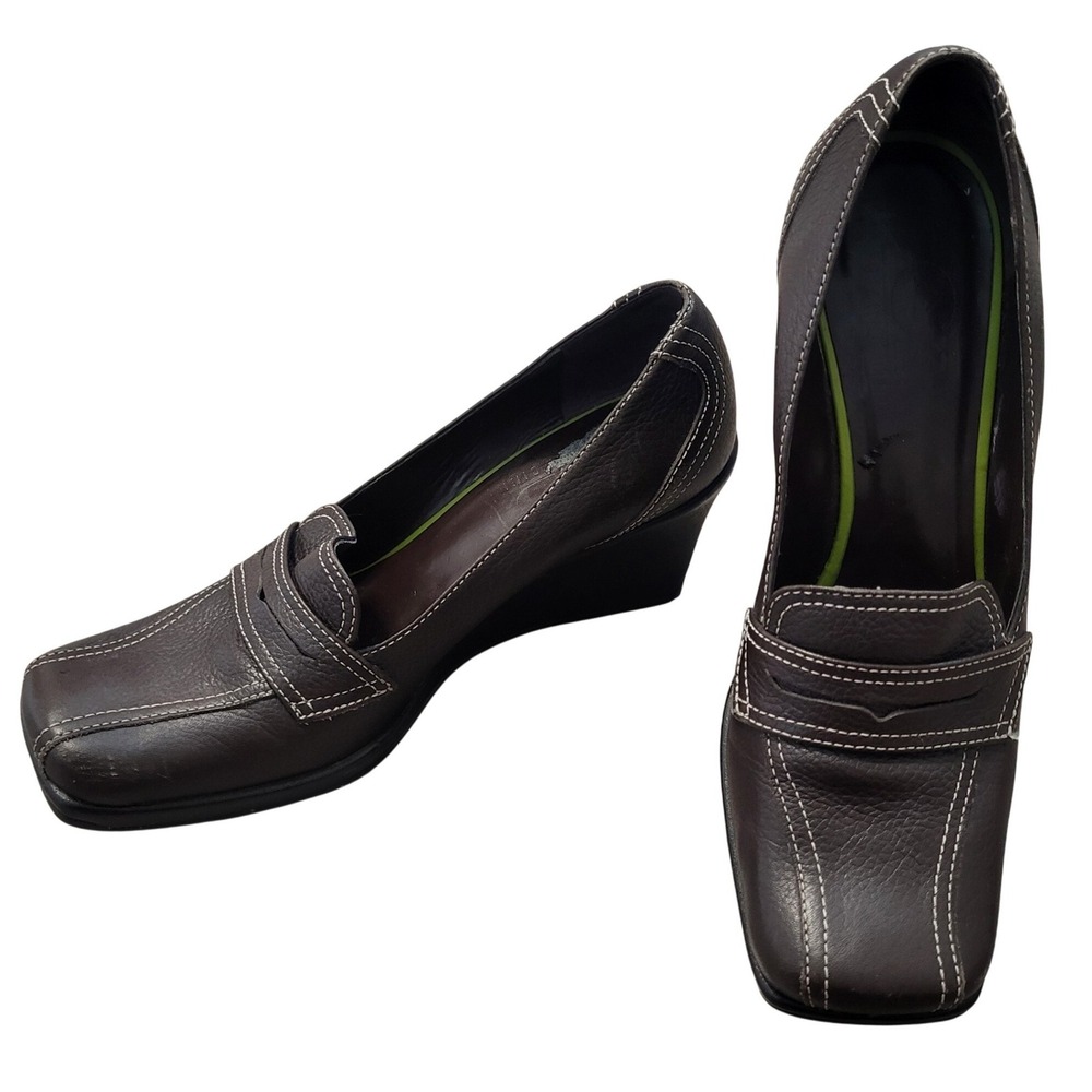 Gianni Bini Womens Brown Leather Square‎ Toe Wedge Penny Loafers Y2K Size 6